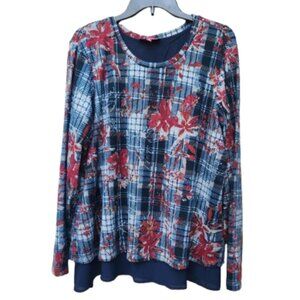 Delancey Plus Layered Top Blue Knit Plaid Red Floral Print Slit Back Bow